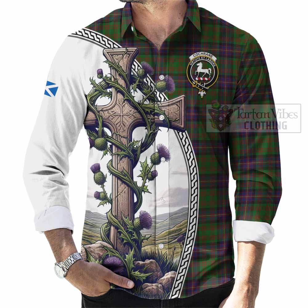Tartan Vibes Clothing Cochrane Tartan Long Sleeve Button Shirt with Family Crest and St. Andrew's Cross Accented by Thistle Vines