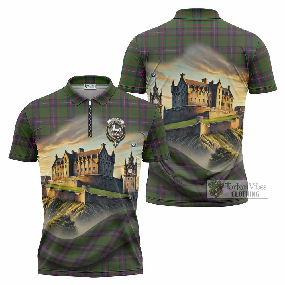 Tartan Vibes Clothing Cochrane Tartan Family Crest Zipper Polo Shirt with Scottish Ancient Castle Stype