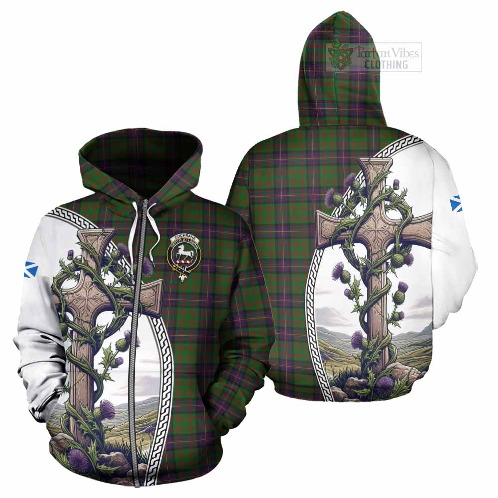 Tartan Vibes Clothing Cochrane Tartan Hoodie with Family Crest and St. Andrew's Cross Accented by Thistle Vines