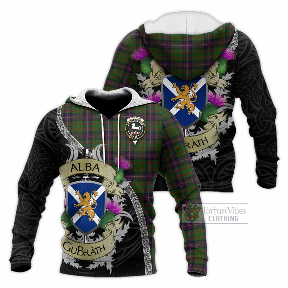 Tartan Vibes Clothing Cochrane Tartan Family Crest Knitted Hoodie Lion Rampant Royal Thistle Shield Celtic Inspired