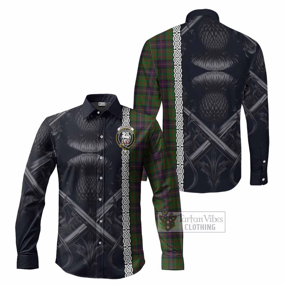 Tartan Vibes Clothing Cochrane Tartan Long Sleeve Button Shirt with Family Crest Cross Sword Thistle Celtic Vibes