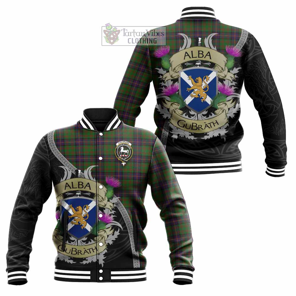 Tartan Vibes Clothing Cochrane Tartan Family Crest Baseball Jacket Lion Rampant Royal Thistle Shield Celtic Inspired