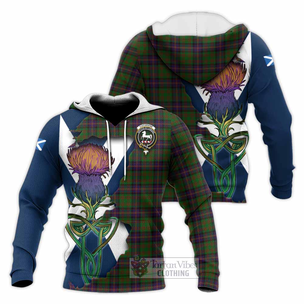 Tartan Vibes Clothing Cochrane Tartan Family Crest Knitted Hoodie Scottish Thistle Celtic Inspired
