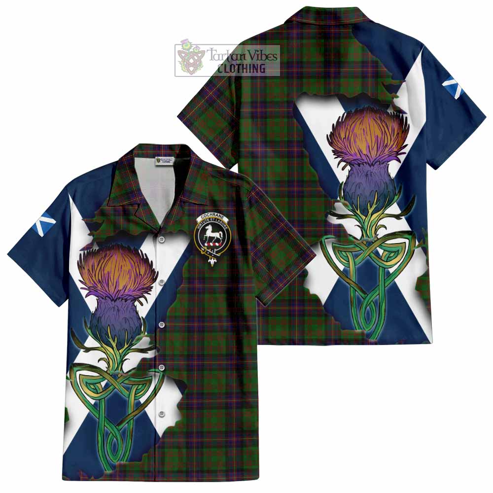 Tartan Vibes Clothing Cochrane Tartan Family Crest Short Sleeve Button Shirt Scottish Thistle Celtic Inspired
