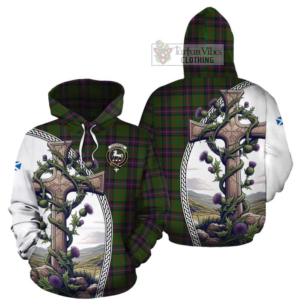 Tartan Vibes Clothing Cochrane Tartan Cotton Hoodie with Family Crest and St. Andrew's Cross Accented by Thistle Vines