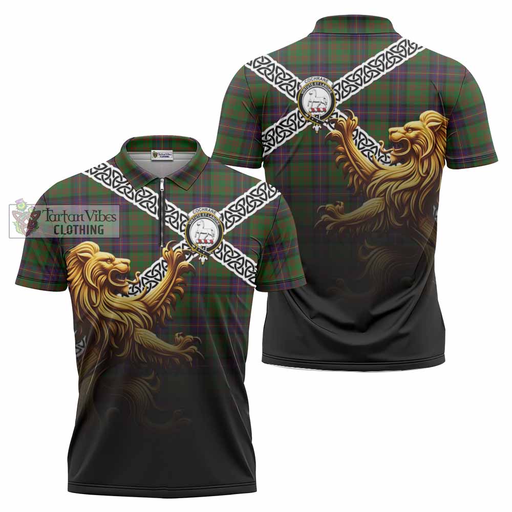 Tartan Vibes Clothing Cochrane Crest Tartan Zipper Polo Shirt with Golden Lion Emblem Celtic Style