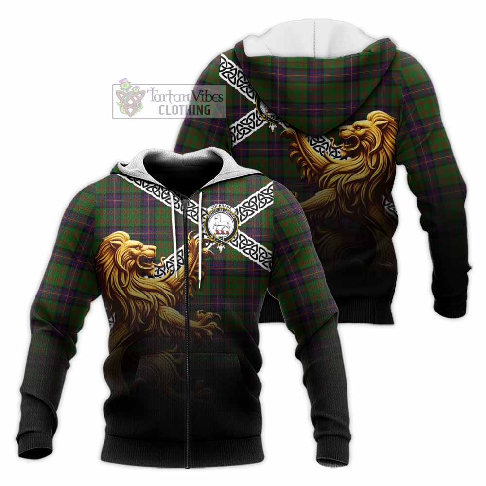 Tartan Vibes Clothing Cochrane Crest Tartan Knitted Hoodie with Golden Lion Emblem Celtic Style