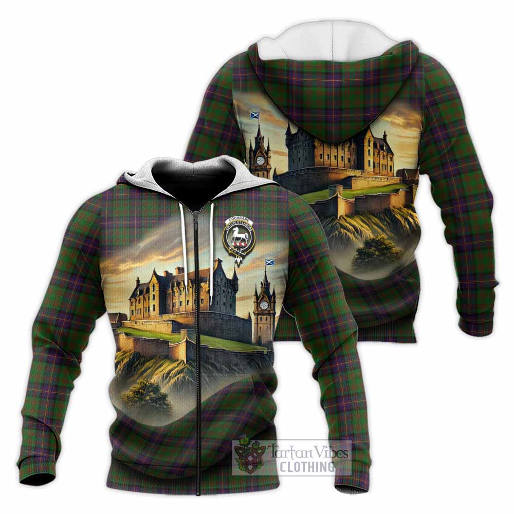 Tartan Vibes Clothing Cochrane Tartan Family Crest Knitted Hoodie with Scottish Ancient Castle Style