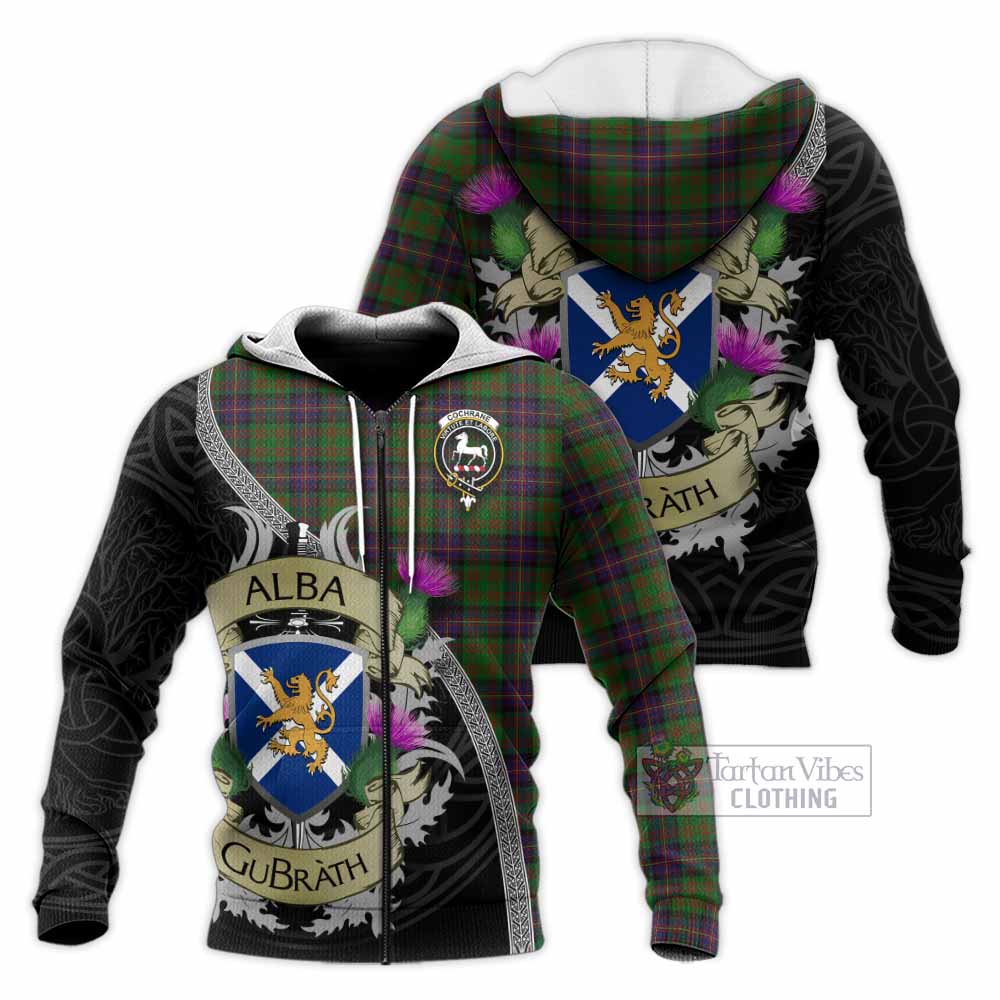 Tartan Vibes Clothing Cochrane Tartan Family Crest Knitted Hoodie Lion Rampant Royal Thistle Shield Celtic Inspired
