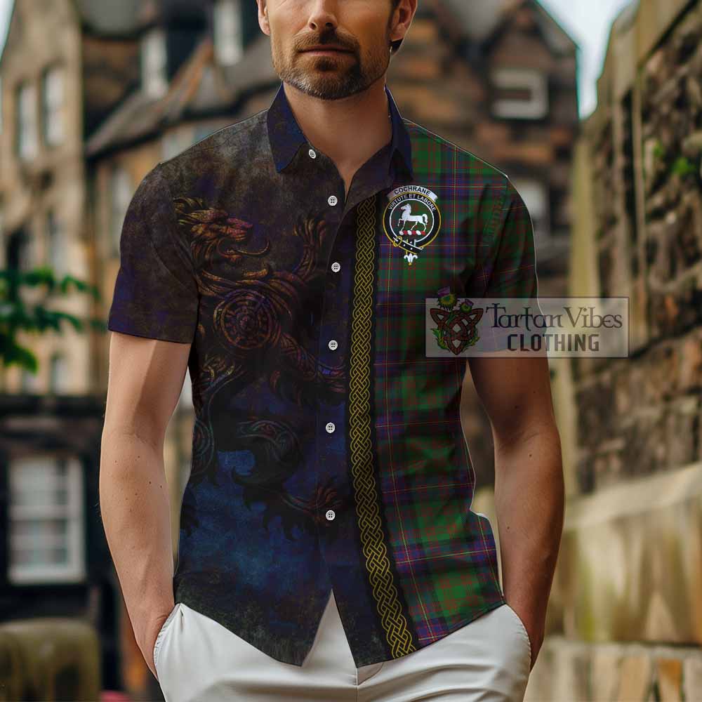 Tartan Vibes Clothing Cochrane Tartan Family Crest Short Sleeve Button Shirt Alba Gu Brath Be Brave Lion Ancient Style