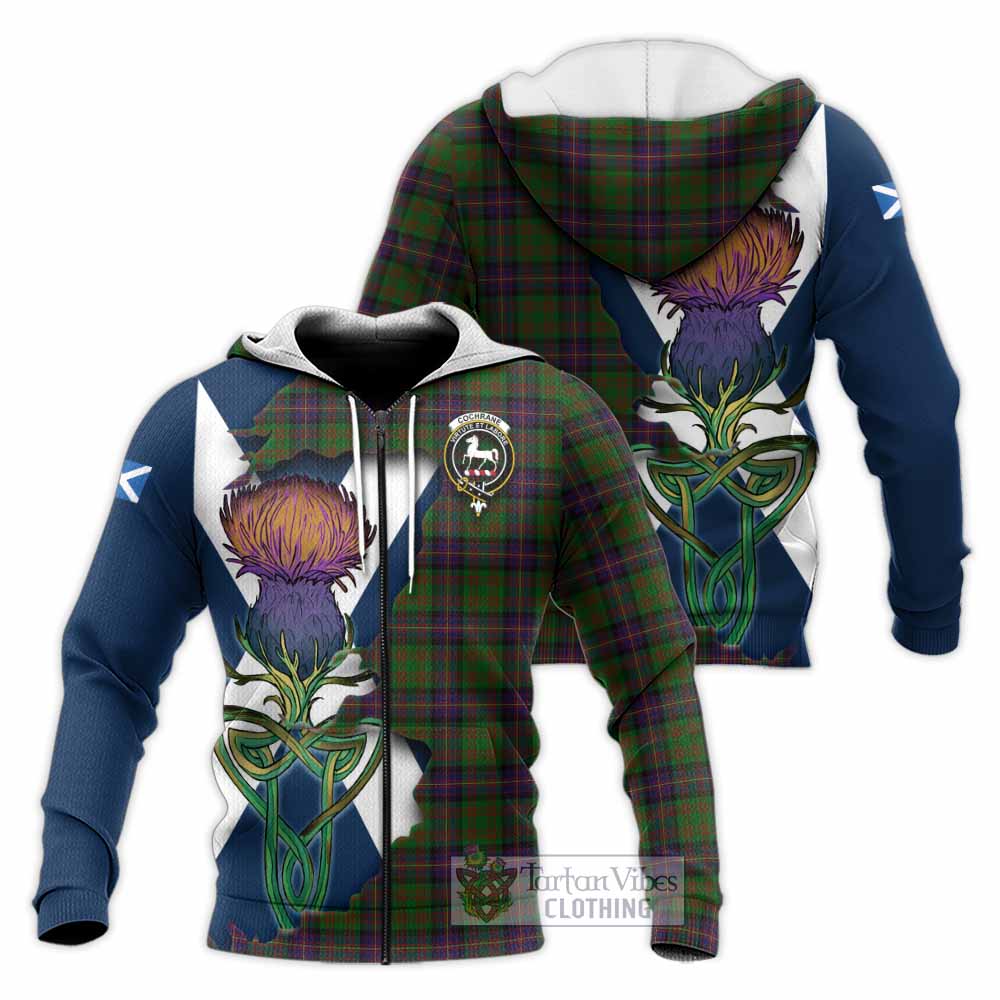 Tartan Vibes Clothing Cochrane Tartan Family Crest Knitted Hoodie Scottish Thistle Celtic Inspired
