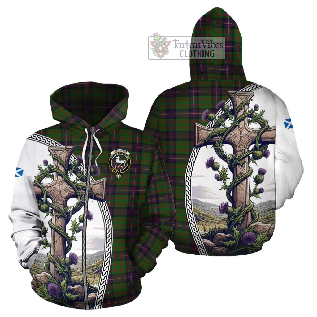Tartan Vibes Clothing Cochrane Tartan Cotton Hoodie with Family Crest and St. Andrew's Cross Accented by Thistle Vines