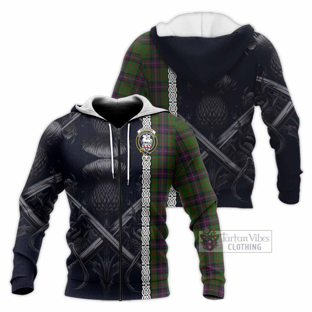 Tartan Vibes Clothing Cochrane Tartan Knitted Hoodie with Family Crest Cross Sword Thistle Celtic Vibes