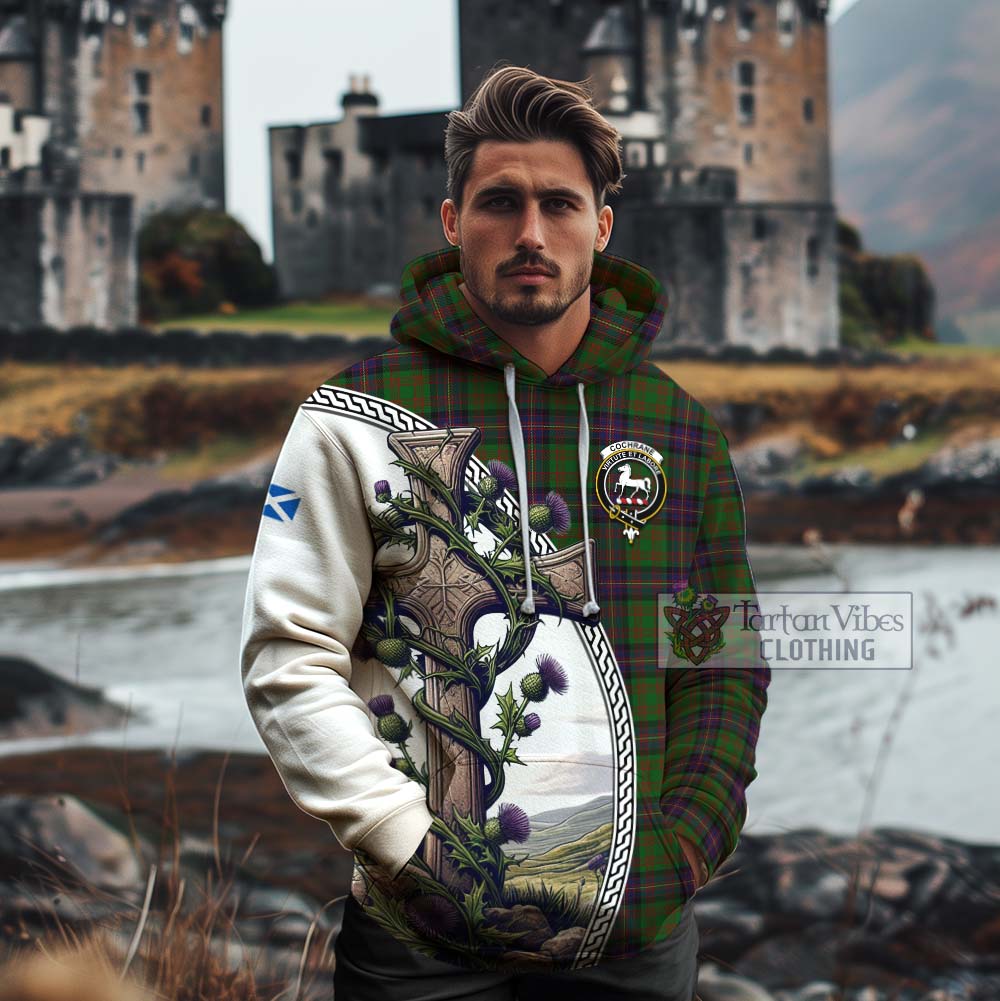 Tartan Vibes Clothing Cochrane Tartan Cotton Hoodie with Family Crest and St. Andrew's Cross Accented by Thistle Vines