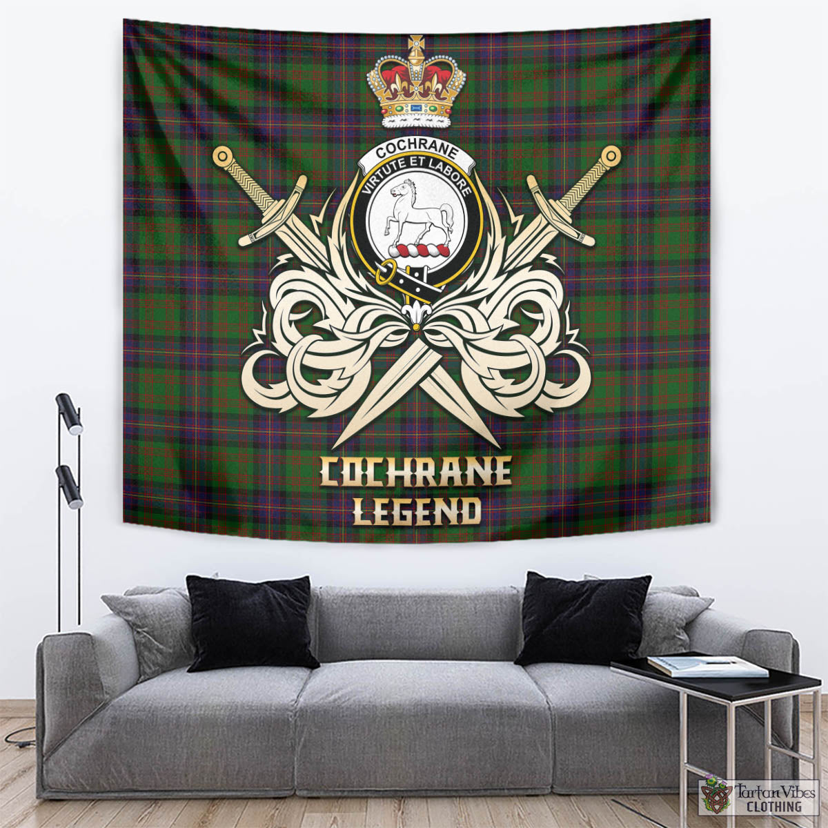 Tartan Vibes Clothing Cochrane Tartan Tapestry with Clan Crest and the Golden Sword of Courageous Legacy