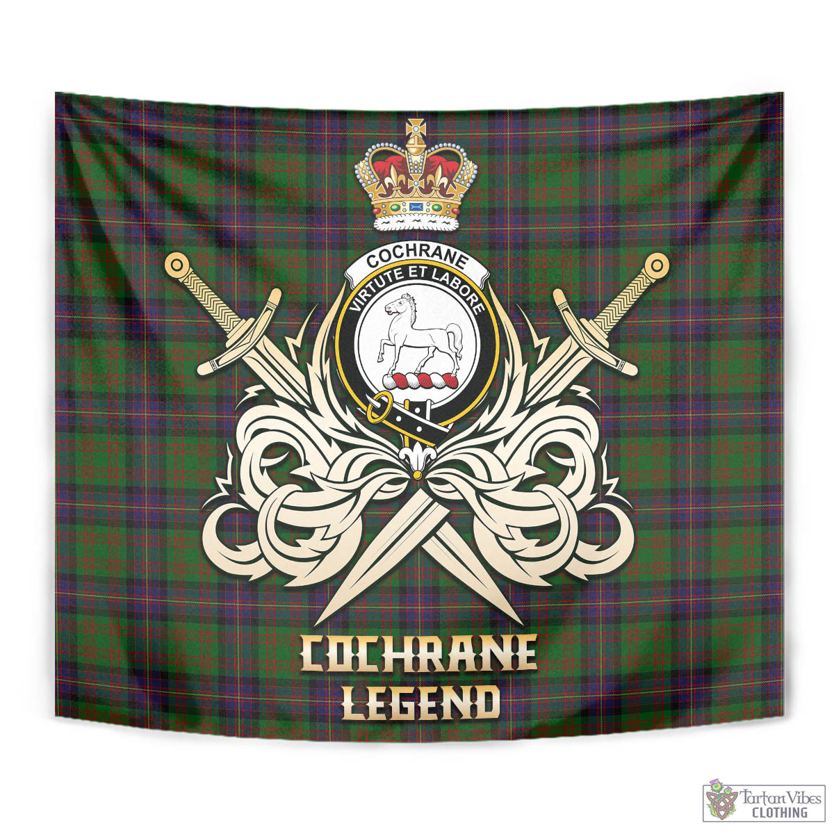 Tartan Vibes Clothing Cochrane Tartan Tapestry with Clan Crest and the Golden Sword of Courageous Legacy