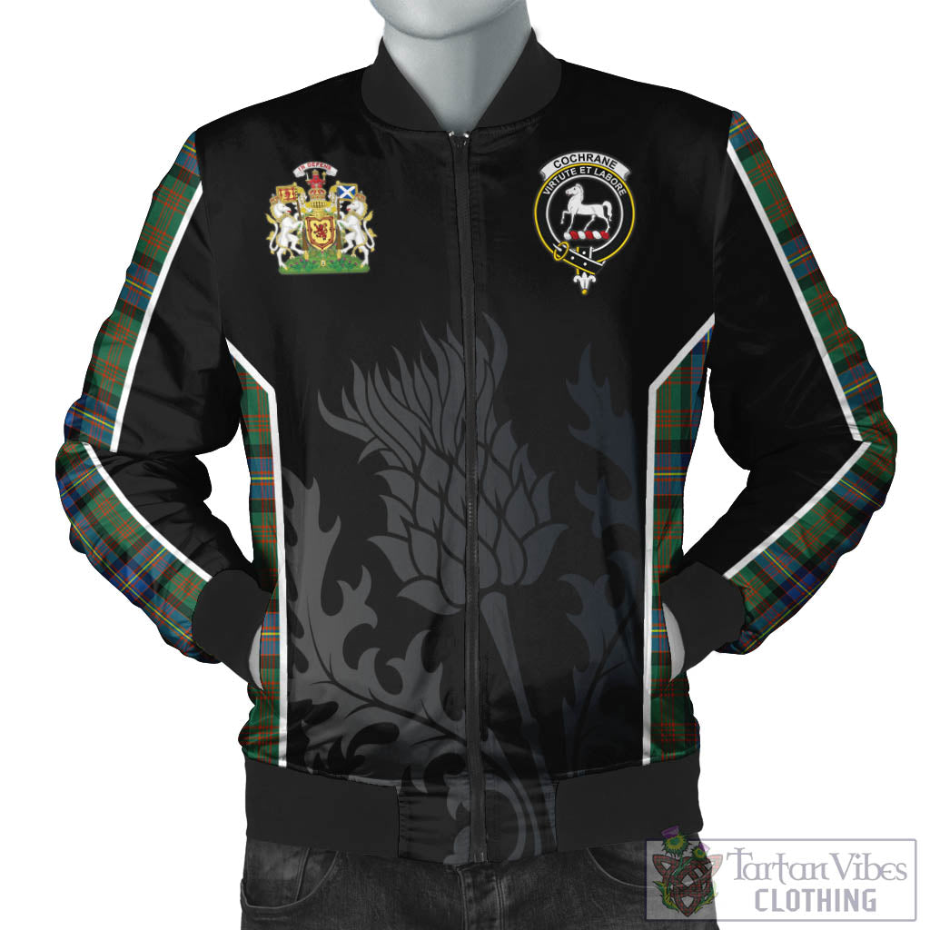 Tartan Vibes Clothing Cochrane Ancient Tartan Bomber Jacket with Family Crest and Scottish Thistle Vibes Sport Style