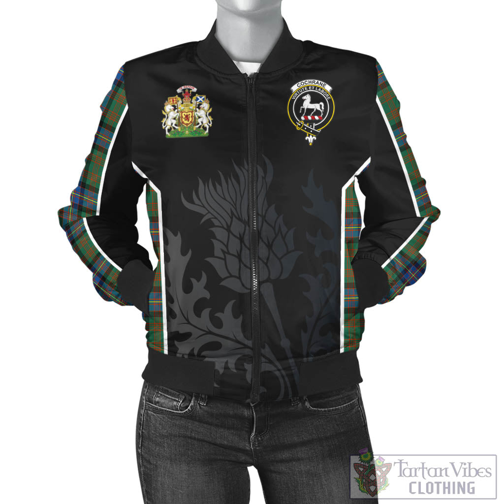 Tartan Vibes Clothing Cochrane Ancient Tartan Bomber Jacket with Family Crest and Scottish Thistle Vibes Sport Style