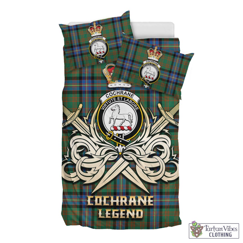 Tartan Vibes Clothing Cochrane Ancient Tartan Bedding Set with Clan Crest and the Golden Sword of Courageous Legacy