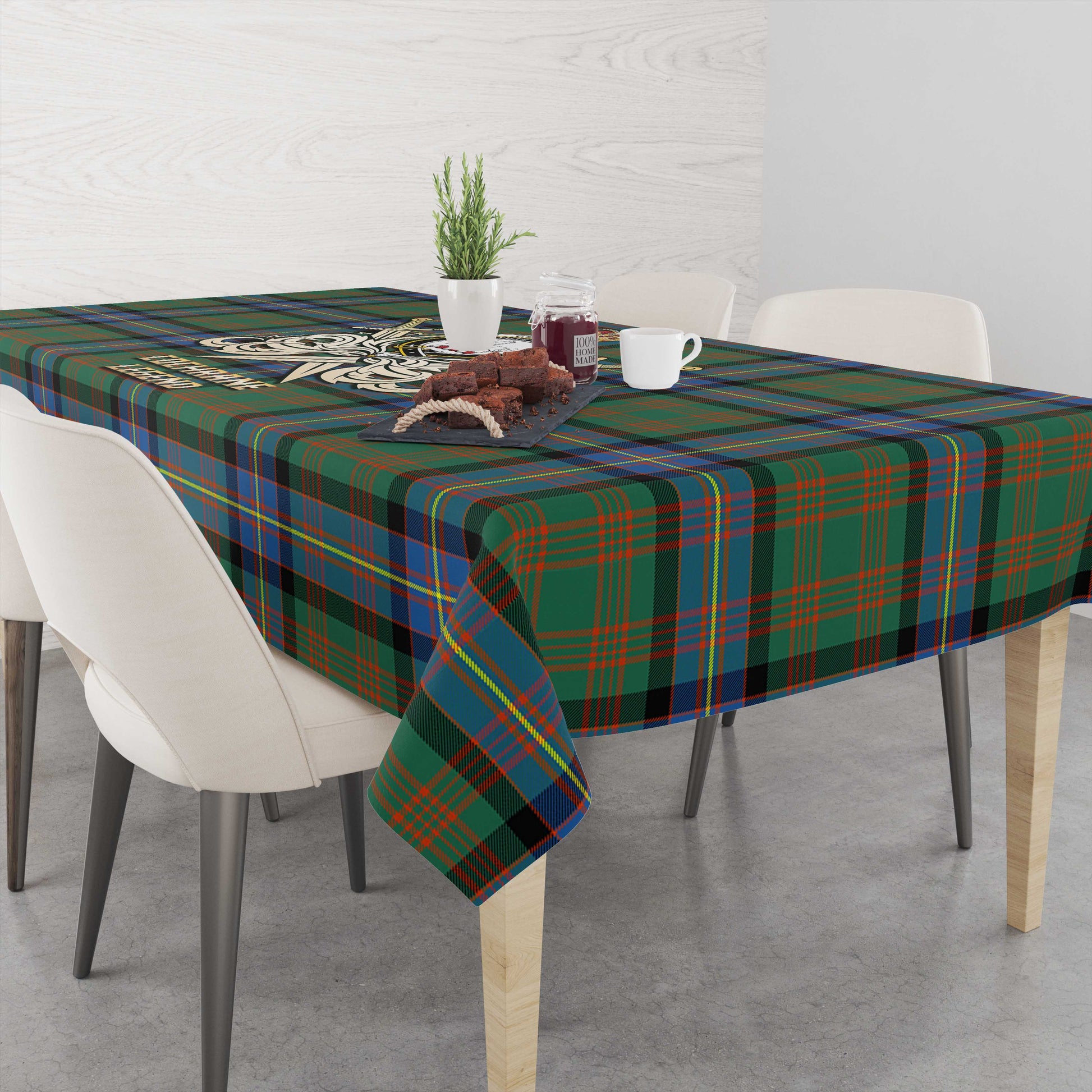 Tartan Vibes Clothing Cochrane Ancient Tartan Tablecloth with Clan Crest and the Golden Sword of Courageous Legacy