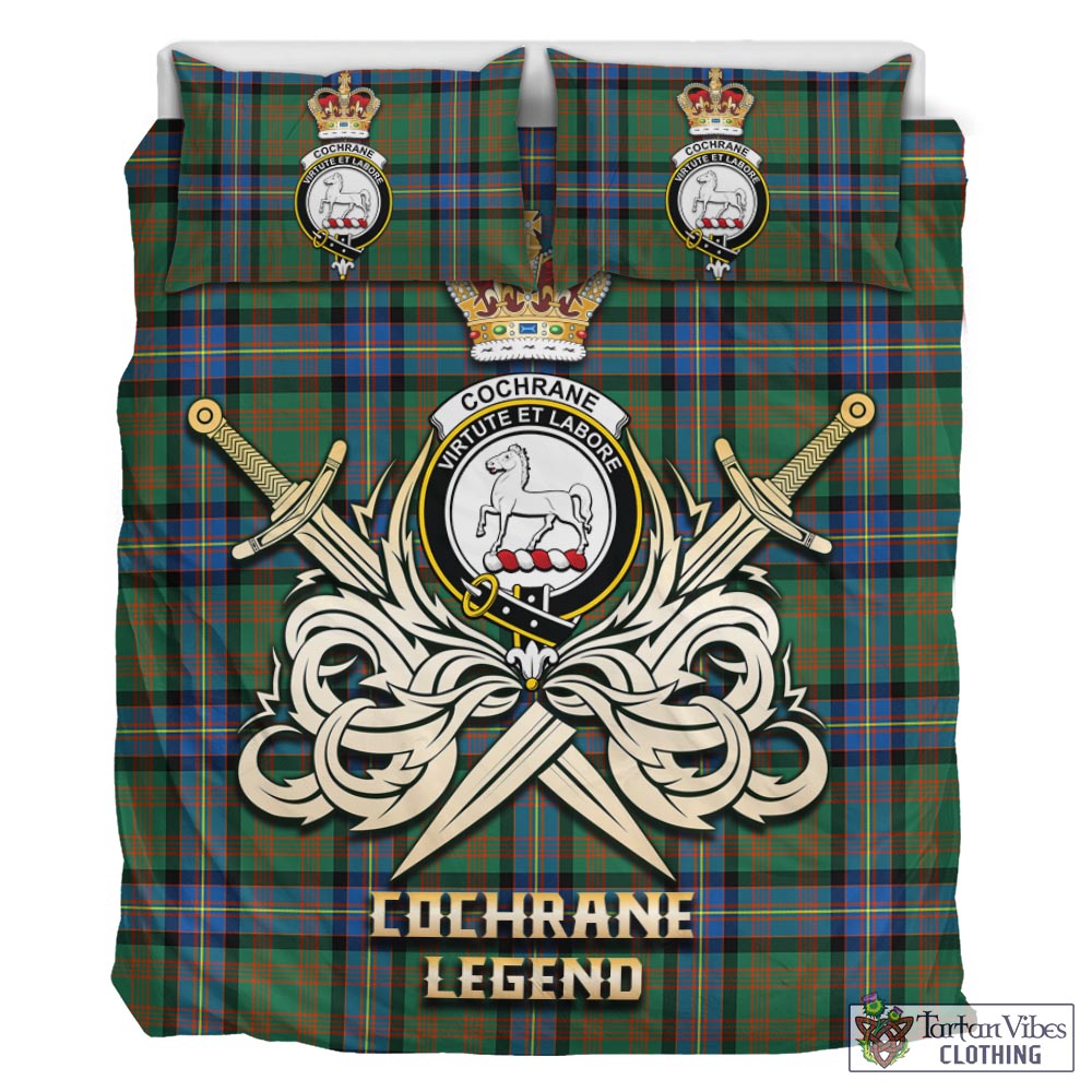 Tartan Vibes Clothing Cochrane Ancient Tartan Bedding Set with Clan Crest and the Golden Sword of Courageous Legacy