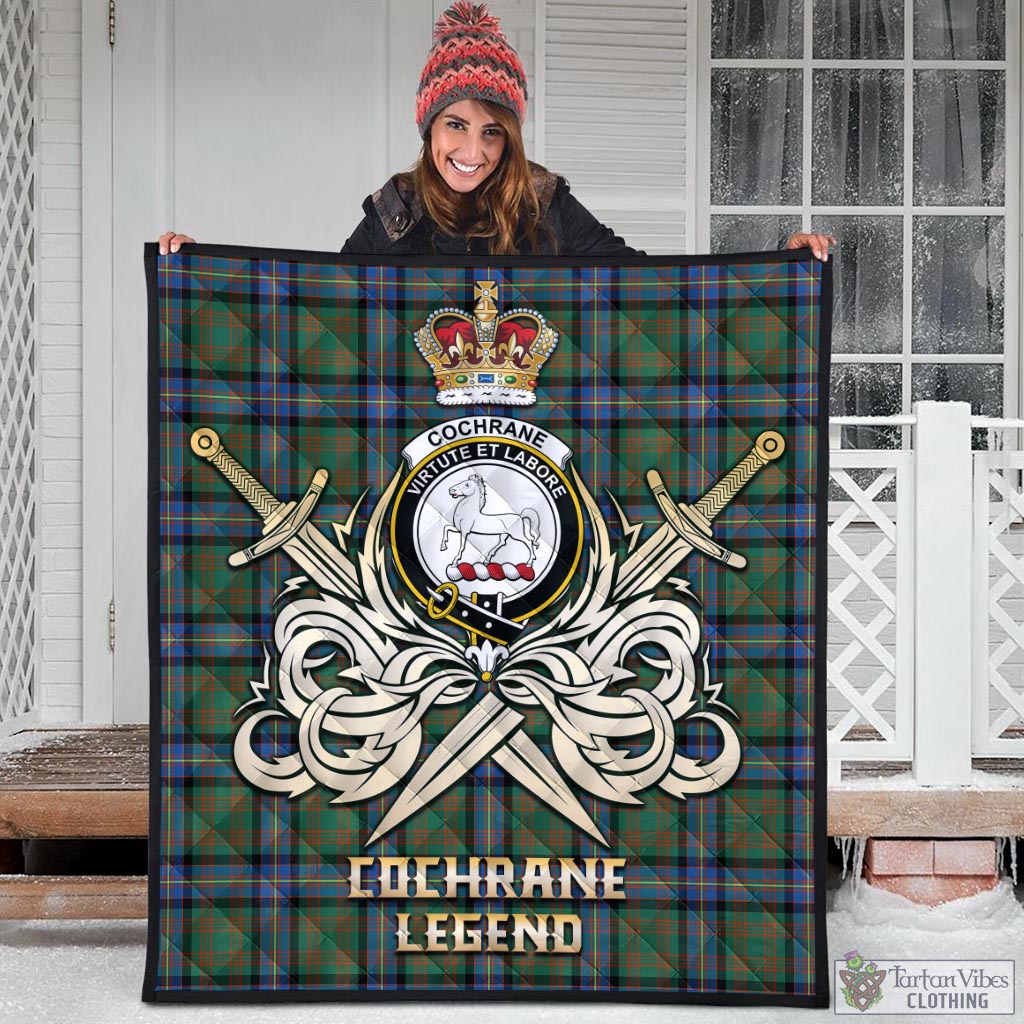 Tartan Vibes Clothing Cochrane Ancient Tartan Quilt with Clan Crest and the Golden Sword of Courageous Legacy