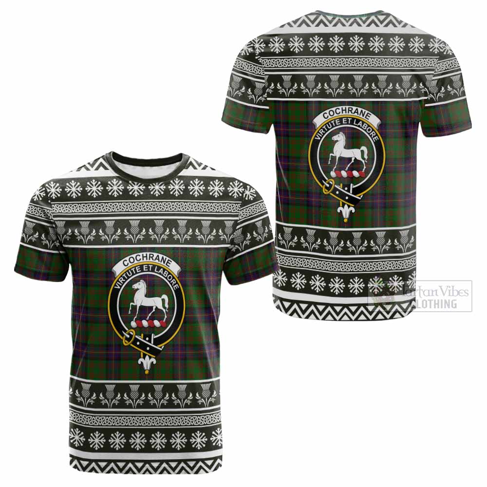 Cochrane Clan Tartan Christmas Cotton T-shirt with Family Crest - Tartan Vibes Clothing