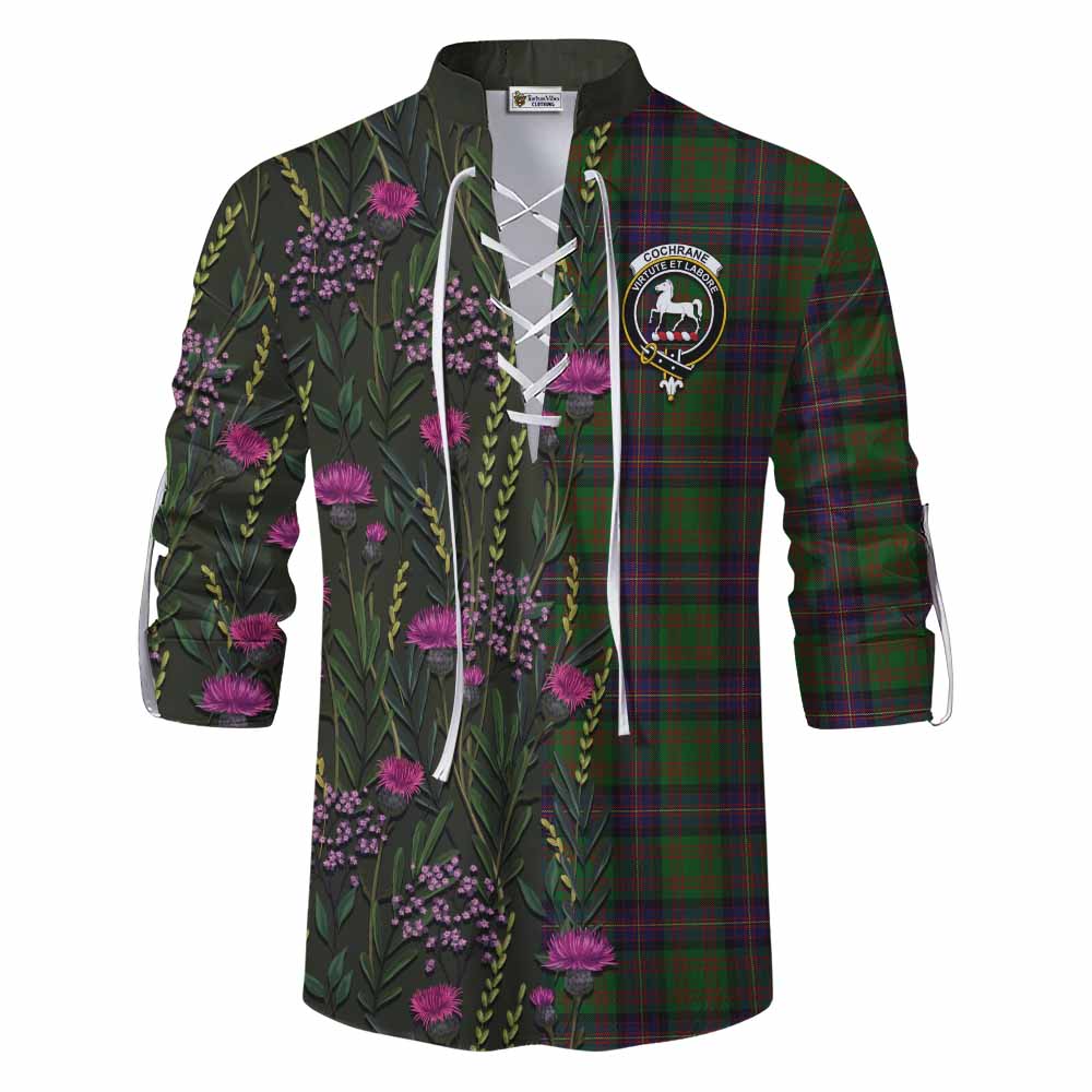 Cochrane Family Crest Tartan Ghillie Shirt Scottish Thistle Flower Pattern Half Style - Tartan Vibes Clothing