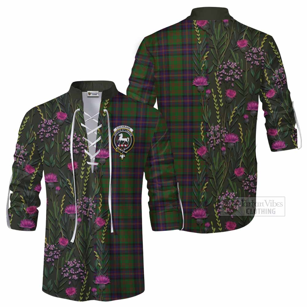 Cochrane Family Crest Tartan Ghillie Shirt Scottish Thistle Flower Pattern Half Style - Tartan Vibes Clothing