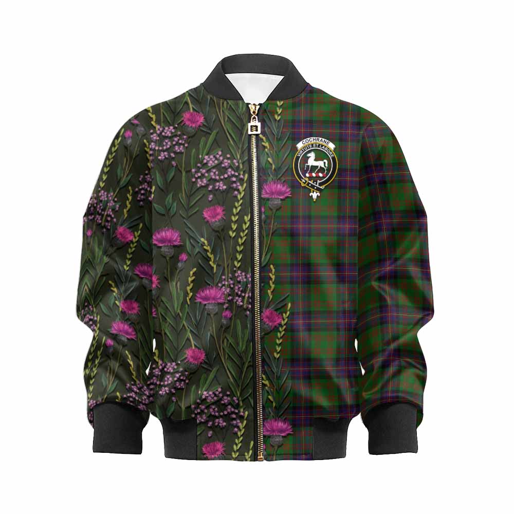 Cochrane Family Crest Tartan Kid Bomber Jacket Scottish Thistle Flower Pattern Half Style - Tartan Vibes Clothing