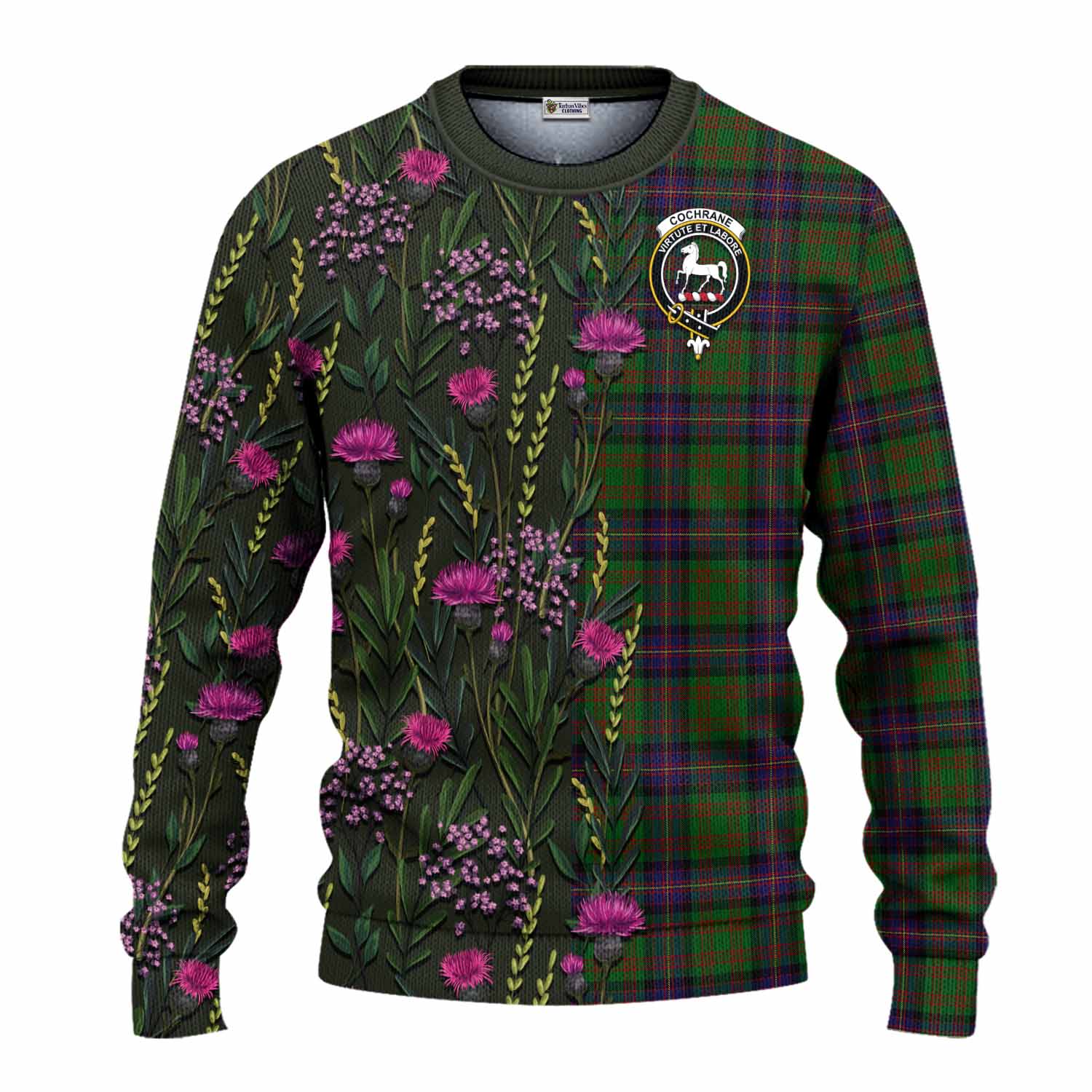 Cochrane Family Crest Tartan Knitted Sweater Scottish Thistle Flower Pattern Half Style - Tartan Vibes Clothing