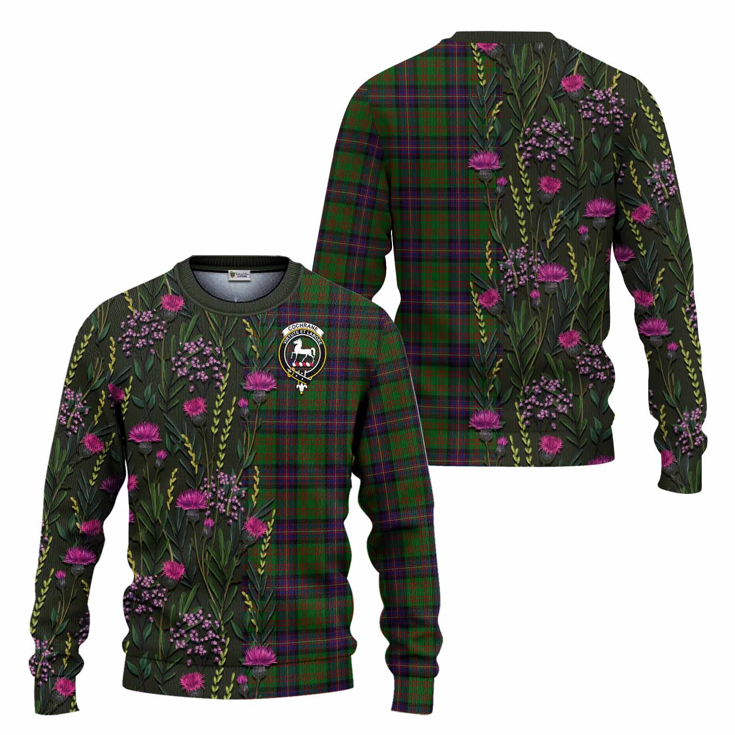 Cochrane Family Crest Tartan Knitted Sweater Scottish Thistle Flower Pattern Half Style - Tartan Vibes Clothing