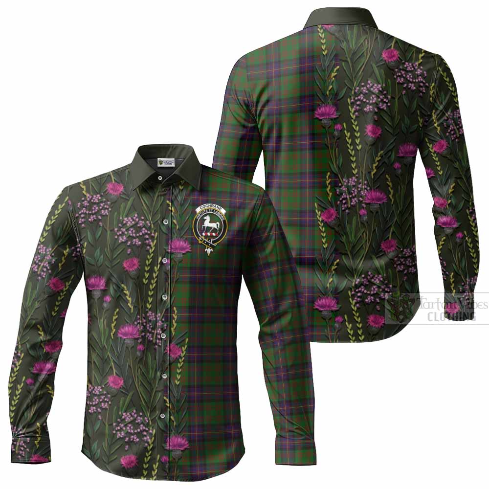 Cochrane Family Crest Tartan Long Sleeve Button Shirts Scottish Thistle Flower Pattern Half Style - Tartan Vibes Clothing