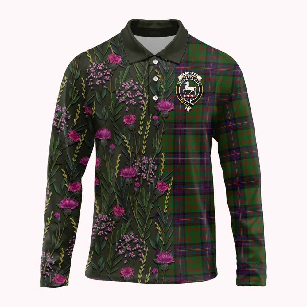 Cochrane Family Crest Tartan Long Sleeve Polo Shirt Scottish Thistle Flower Pattern Half Style - Tartan Vibes Clothing
