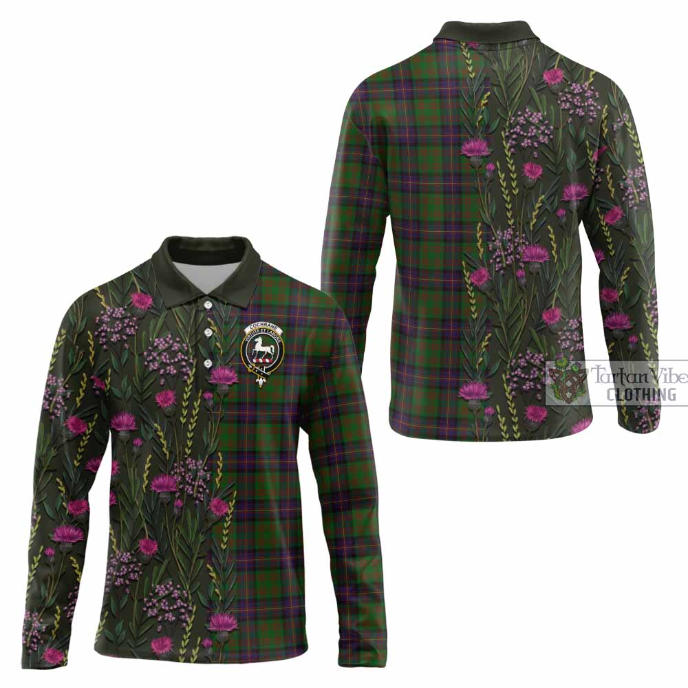 Cochrane Family Crest Tartan Long Sleeve Polo Shirt Scottish Thistle Flower Pattern Half Style - Tartan Vibes Clothing