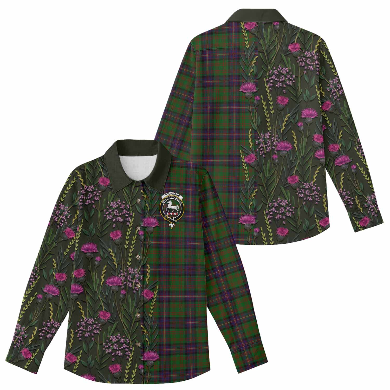 Cochrane Family Crest Tartan Women Casual Shirt Scottish Thistle Flower Pattern Half Style - Tartan Vibes Clothing