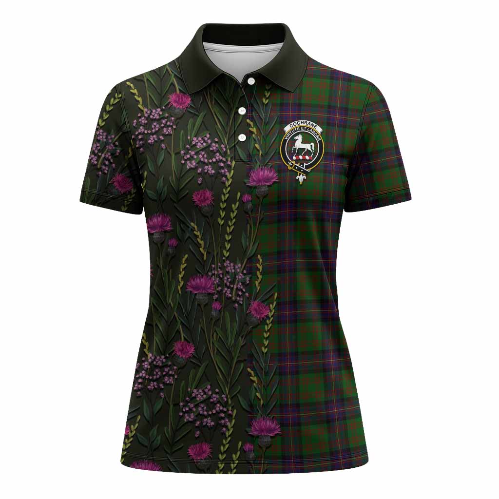 Cochrane Family Crest Tartan Women Polo Shirt Scottish Thistle Flower Pattern Half Style - Tartan Vibes Clothing