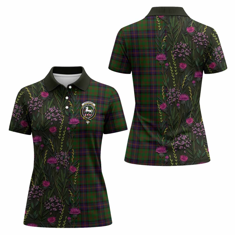 Cochrane Family Crest Tartan Women Polo Shirt Scottish Thistle Flower Pattern Half Style - Tartan Vibes Clothing