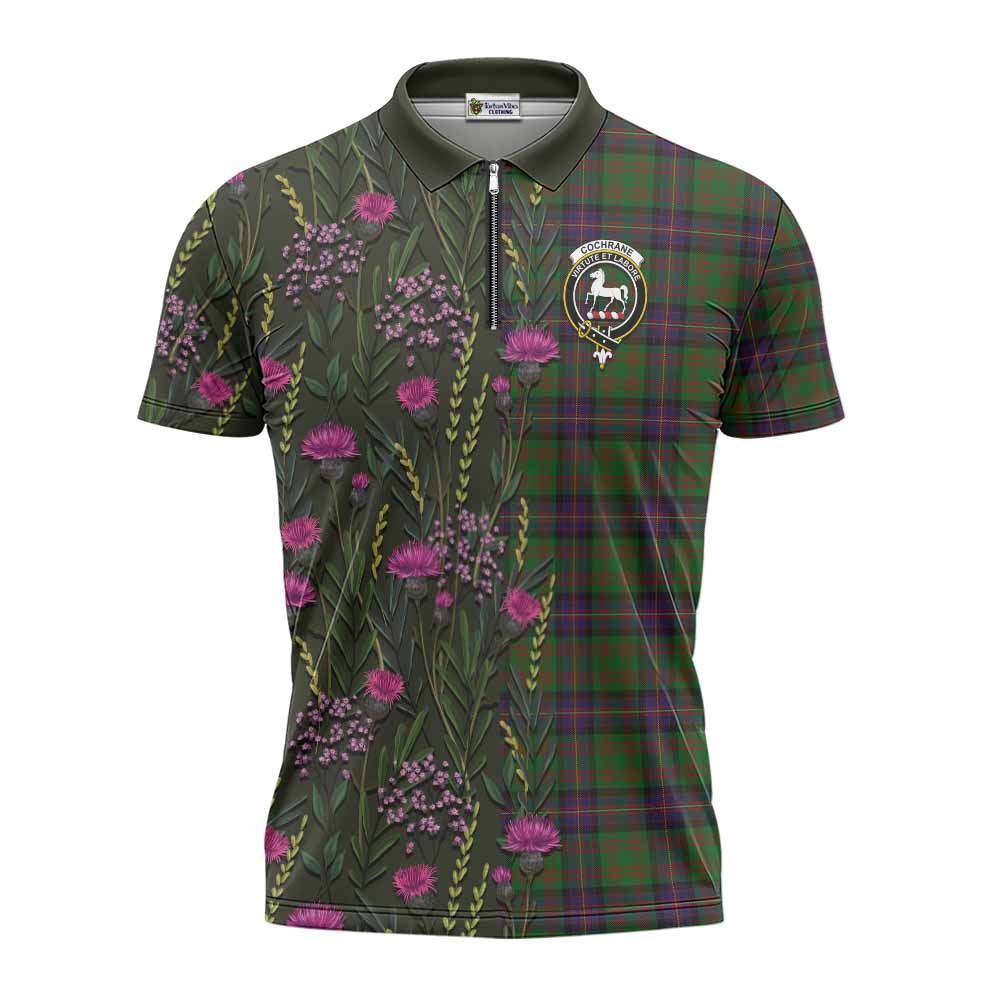 Cochrane Family Crest Tartan Zipper Polo Shirt Scottish Thistle Flower Pattern Half Style - Tartan Vibes Clothing