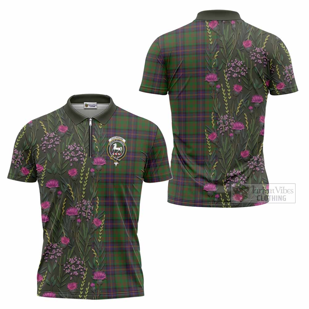 Cochrane Family Crest Tartan Zipper Polo Shirt Scottish Thistle Flower Pattern Half Style - Tartan Vibes Clothing
