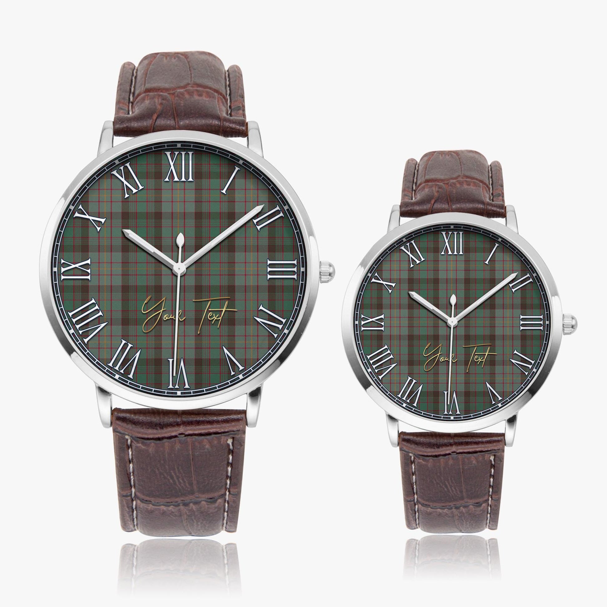 Cochrane Hunting Tartan Personalized Your Text Leather Trap Quartz Watch Ultra Thin Silver Case With Brown Leather Strap - Tartanvibesclothing
