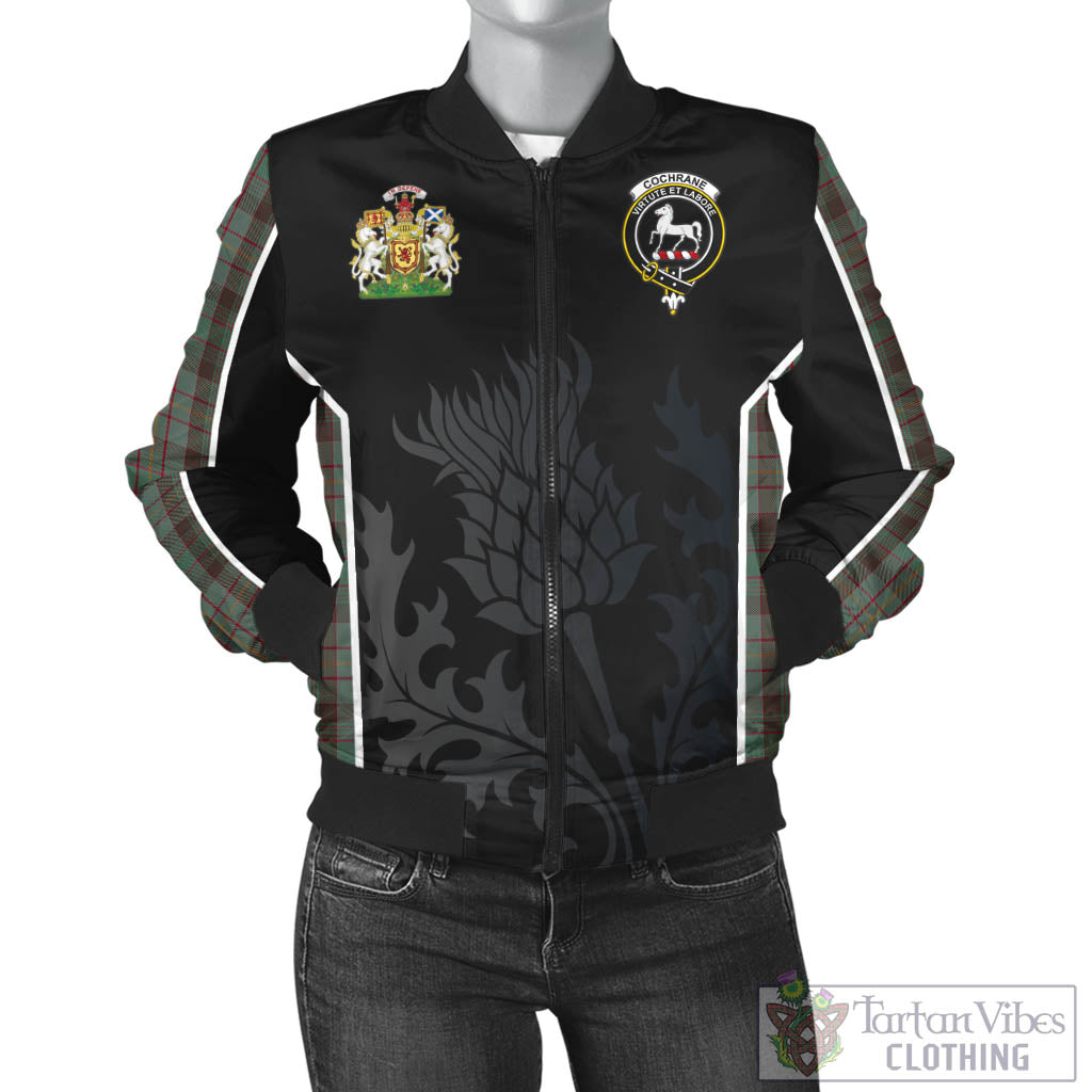Tartan Vibes Clothing Cochrane Hunting Tartan Bomber Jacket with Family Crest and Scottish Thistle Vibes Sport Style