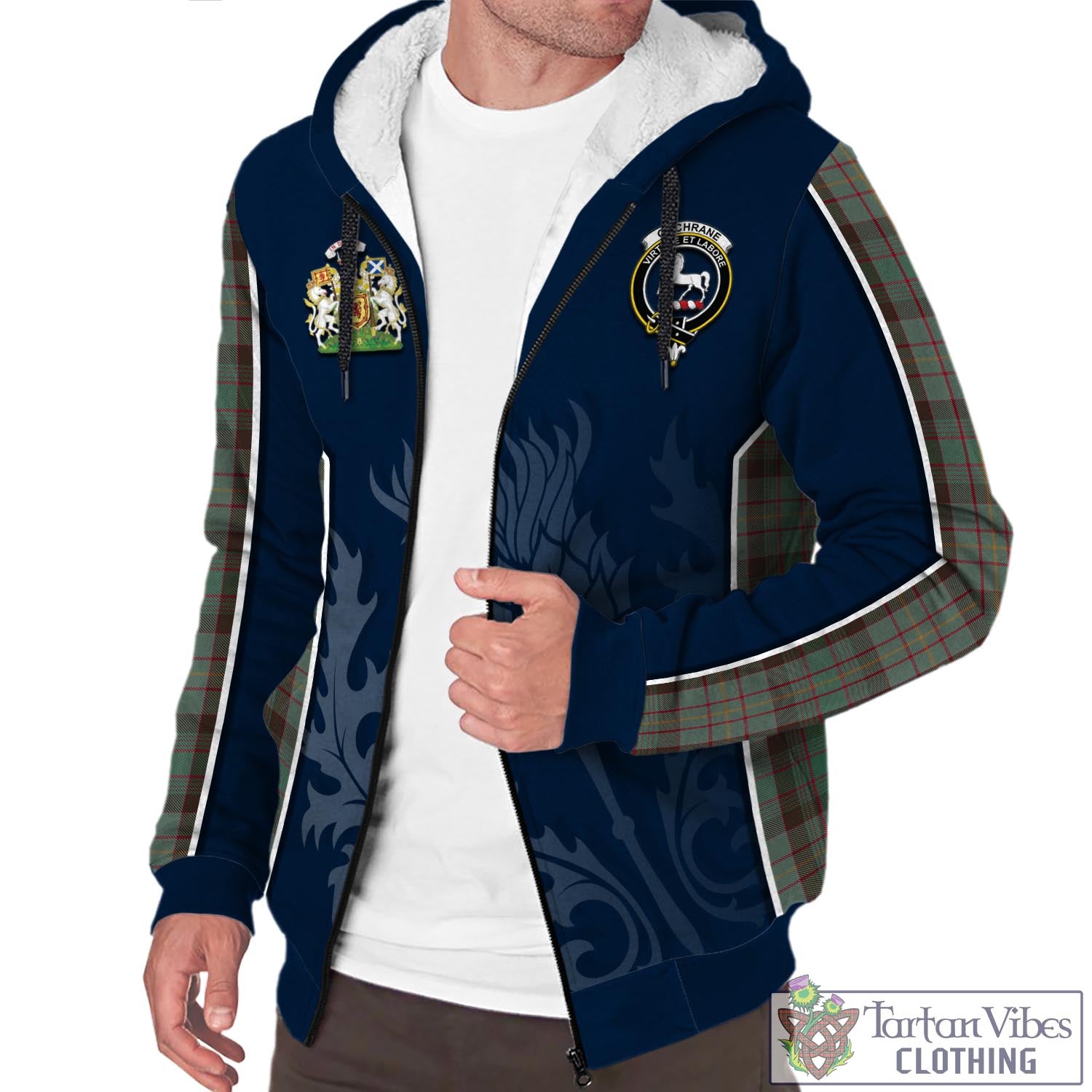 Tartan Vibes Clothing Cochrane Hunting Tartan Sherpa Hoodie with Family Crest and Scottish Thistle Vibes Sport Style