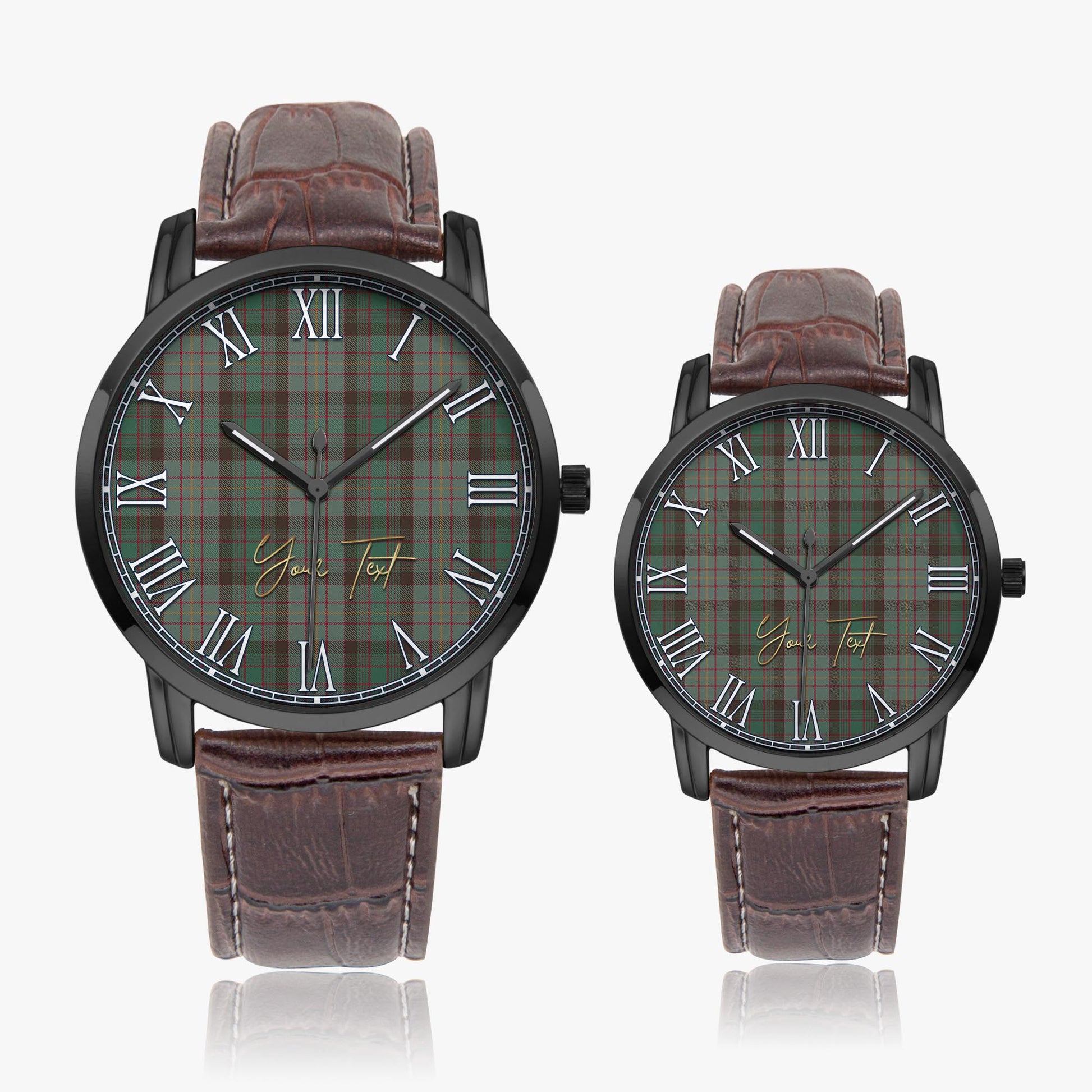 Cochrane Hunting Tartan Personalized Your Text Leather Trap Quartz Watch Wide Type Black Case With Brown Leather Strap - Tartanvibesclothing