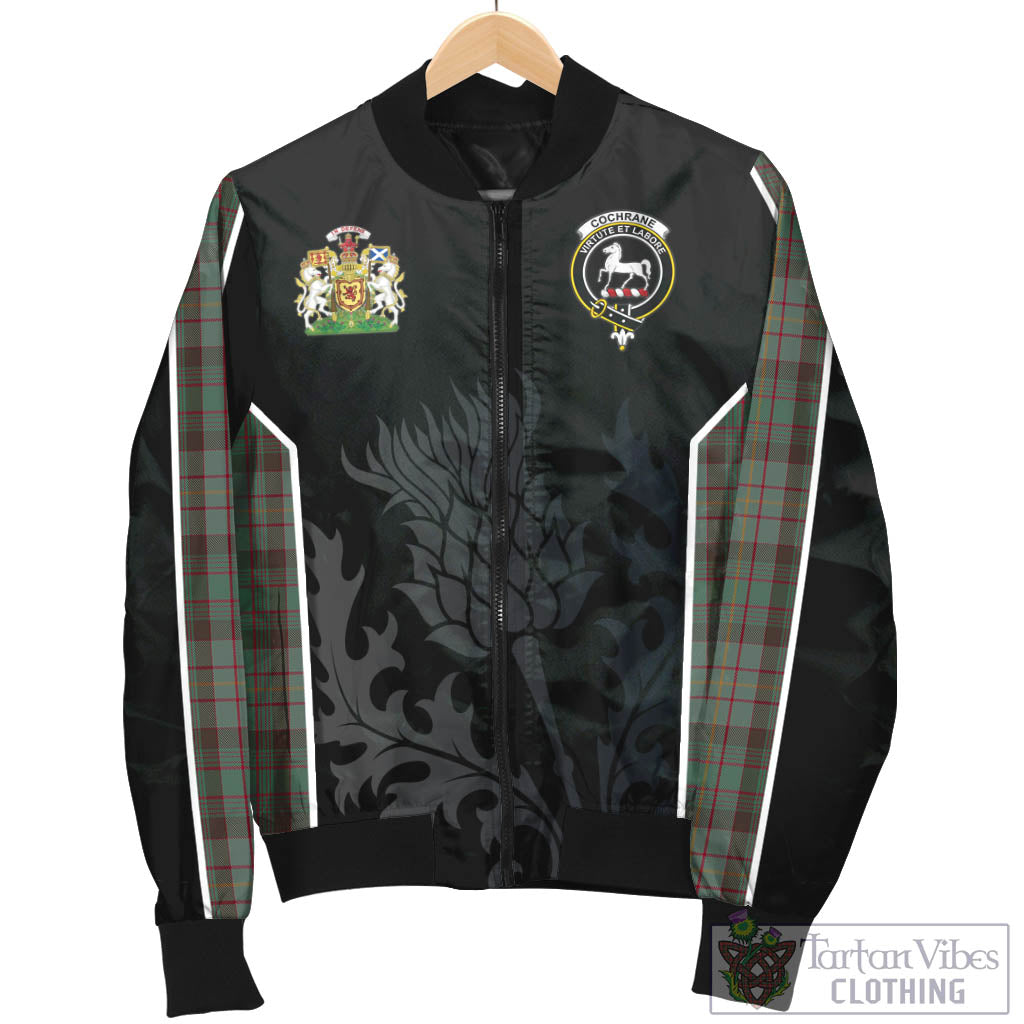 Tartan Vibes Clothing Cochrane Hunting Tartan Bomber Jacket with Family Crest and Scottish Thistle Vibes Sport Style