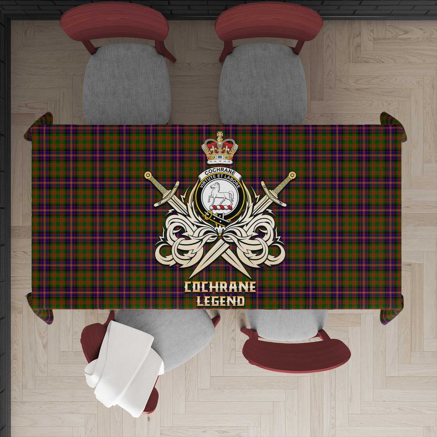 Tartan Vibes Clothing Cochrane Modern Tartan Tablecloth with Clan Crest and the Golden Sword of Courageous Legacy