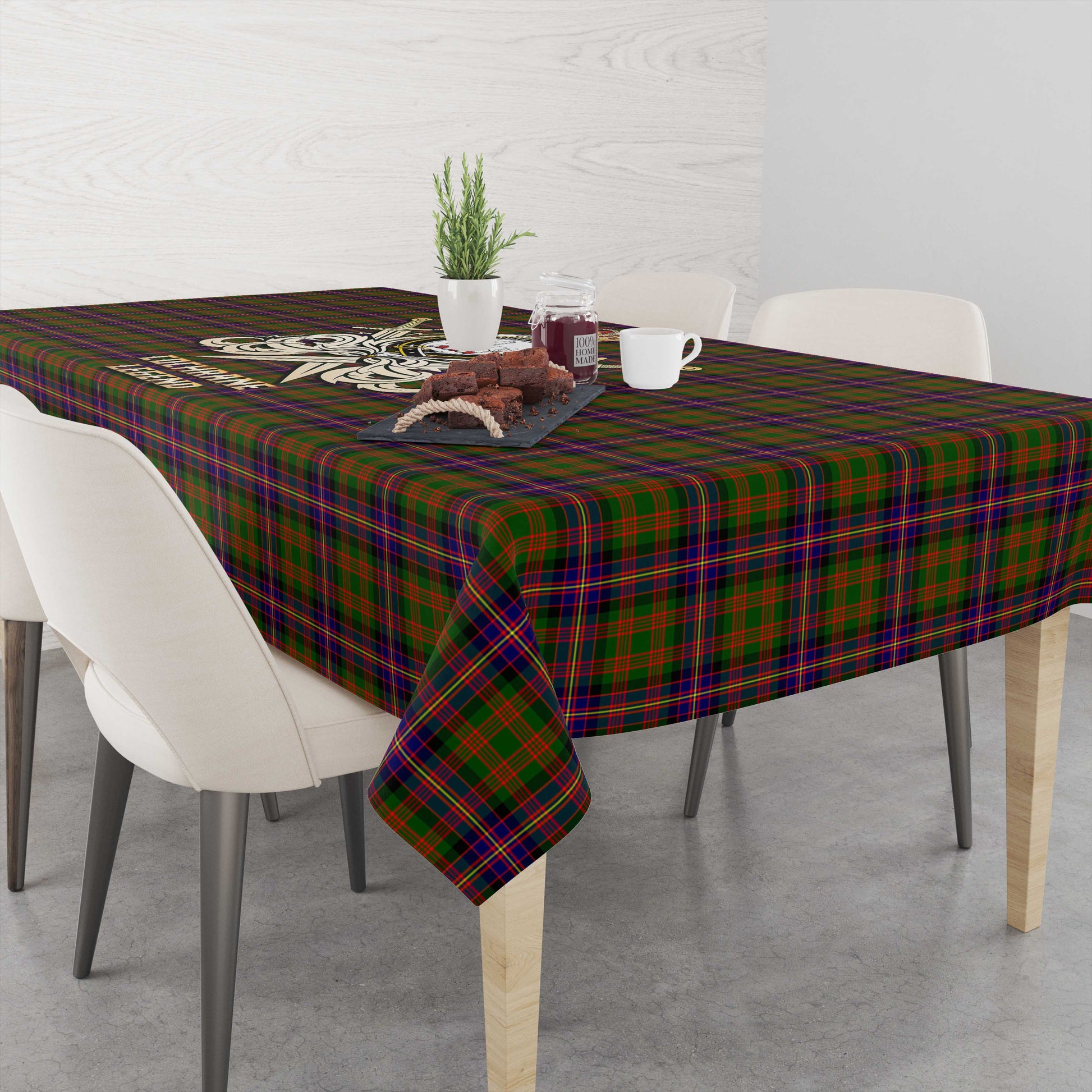 Tartan Vibes Clothing Cochrane Modern Tartan Tablecloth with Clan Crest and the Golden Sword of Courageous Legacy