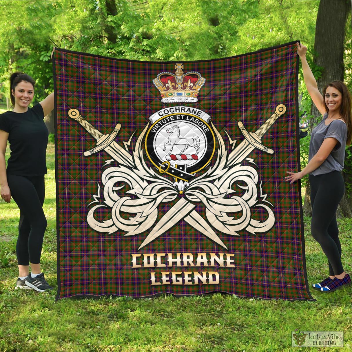 Tartan Vibes Clothing Cochrane Modern Tartan Quilt with Clan Crest and the Golden Sword of Courageous Legacy