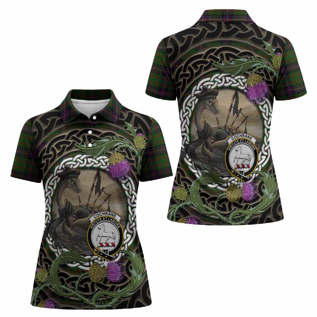 Cochrane Tartan Crest Bagpipe Nessie Women Polo Shirt Scottish Loch Ness Monster Celtic Thistle