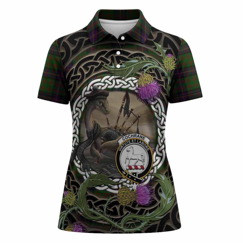 Cochrane Tartan Crest Bagpipe Nessie Women Polo Shirt Scottish Loch Ness Monster Celtic Thistle